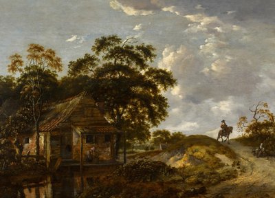 Paisagem com uma casa de campo junto a um rio e uma mulher a lavar uma panela, um cavalheiro a cavalo num caminho de Jan Wijnants