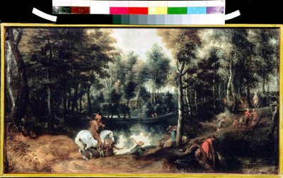 Cavaleiros num bosque. Pintura por Jan Wildens (1586-1653). Óleo sobre madeira, 32,5 x 59,3 cm, ca. 1620. Arte flamenga dos séculos XVI-XVIII. Pushkin Museum of Fine Arts, Moscovo. de Jan Wildens