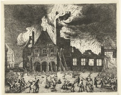 O Incêndio na Antiga Prefeitura de Amsterdã, 1652 Representação dos antigos Stadthuys queimados em Amsterdã em 7 de julho de 1652 de Jan de Baen