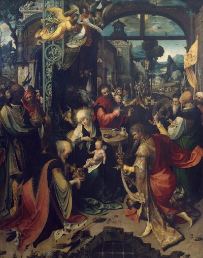 Nascimento de Jesus, painel central do tríptico por Jan de Beer (cerca de 1475-1528), óleo sobre tela de Jan de Beer