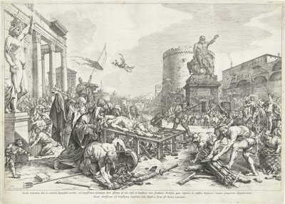 Martelaarschap de Heilige Lawrence Bem-aventurado Lourenço enquanto (...) é Roma Lawrence (título no objeto) de Jan de Bisschop