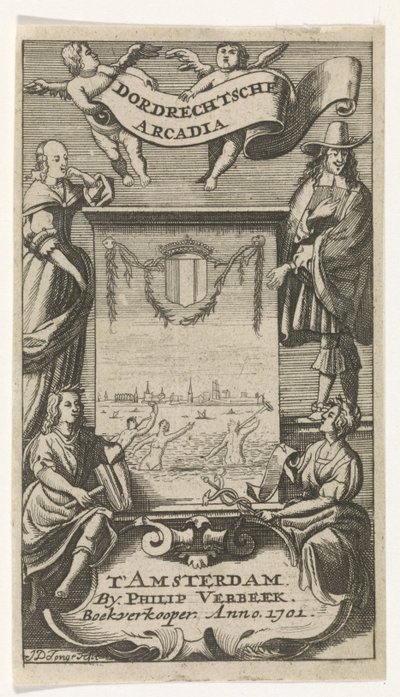 Quatro figuras à volta da moldura com vista de Dordrecht
Página de título para: Dordrecht Arcadia, 1701 de Jan de Jonge