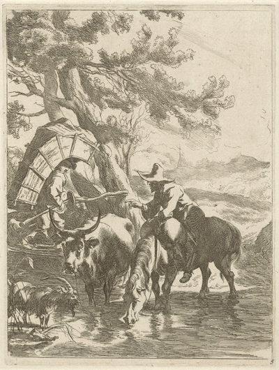 Pastor e menino embalado por um riacho Paisagens com animais (título da série) Diversa Animalia (título da série no objeto) de Jan de Visscher