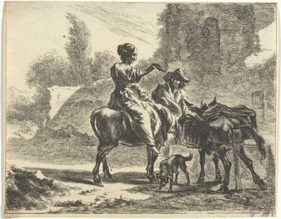 Pastores e burros em um bebedouro Paisagens com Pastores e Gado (título da série) de Jan de Visscher