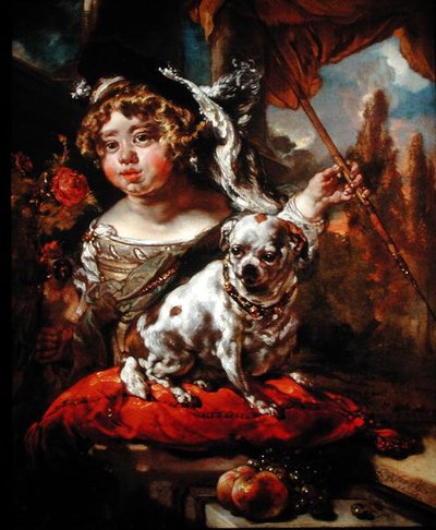Um retrato de um rapaz usando um chapéu de ameixa, segurando um falcão e uma lança, com um pug sentado diante dele de Jan or Joan van Noordt