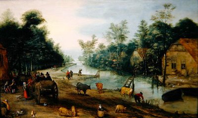 A Wooded River Landscape in Summer with Travellers Arriving at an Inn (óleo sobre painel) de Jan the Elder (circle of) Brueghel