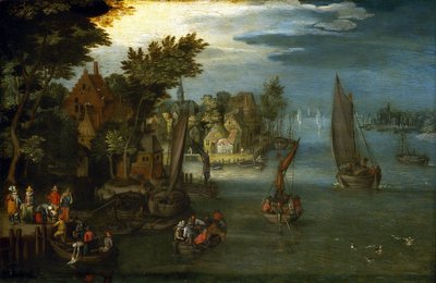 A margem animada de um rio, com barcos holandeses e passageiros a embarcar num barco de transporte para a travessia de Jan the Elder (circle of) Brueghel