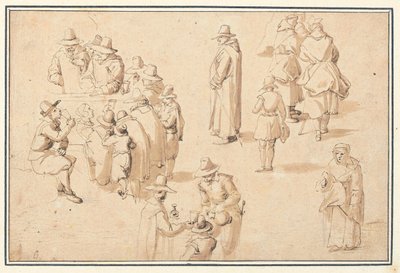 Uma fonte no Spa com estudos de figuras elegantes tomando as águas e de dois monges e um padre de Jan the Elder Brueghel