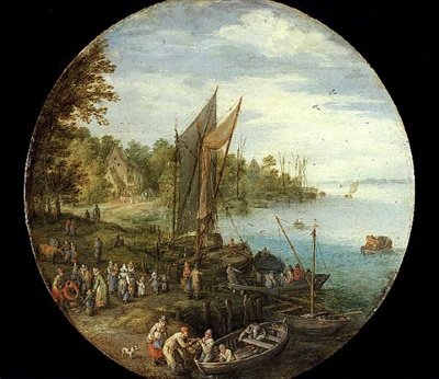Um estuário arborizado com um Ferry (óleo sobre painel) de Jan the Elder Brueghel