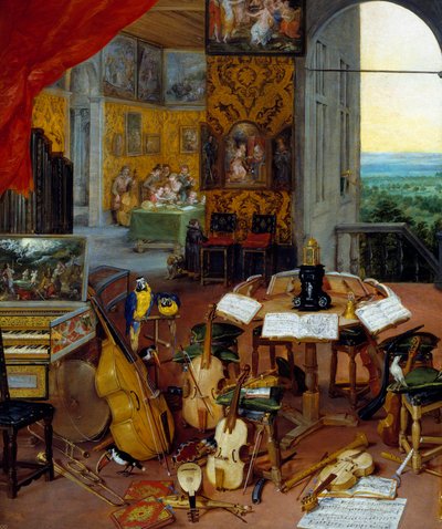 Audição detalhada representando instrumentos musicais (violoncelo, violino, violino, alaúde, flauta, cravo). Pintura de Jan Breugel Le Vieux chama Bruegel de Velours (Brueghel ou Breughel de Jan the Elder Brueghel