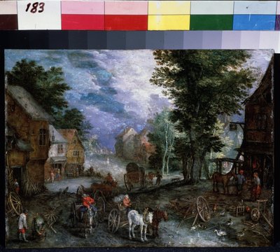 "" La forge "" (Paisagem com um ferreiro) Pintura de Jan Brueghel I (Jean Breughel, Bruegel ou Breugel) conhecido como De Velours (l