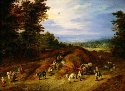Paisagem com camponeses, carros e animais (óleo em cobre) de Jan the Elder Brueghel