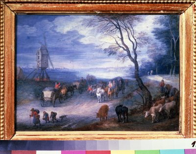 "" Paysage au moulin "" (Paisagem com um moinho de vento) Pintura de Jan Brueghel I (Jean Breughel, Bruegel ou Breugel) conhecido como De Velours (l