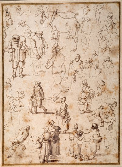 Estudos de Camponeses da Vida (caneta e tinta com lavagem em papel) de Jan the Elder Brueghel
