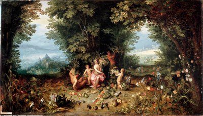 Os quatro elementos: "A Terra" Alegoria. Vista do Paraíso Terrestre com frutas, legumes, flores e animais (incluindo porquinho-da-índia (hamster)) Pintura de Jan Breugel Le Vieux chama Bruegel de Velvet (Brueghel ou Breughel de Jan the Elder Brueghel