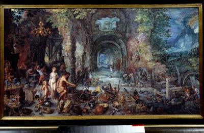 Os quatro elementos: "O Fogo" Alegoria. Venha e Vulcano no ferreiro, fazendo armas para o seu filho Enee. À sua volta ferreiros e ourives trabalham em armaduras, armas, vasos, jóias, copos, pratos e caldeirões. Pintura de Jan Breugel Le V de Jan the Elder Brueghel