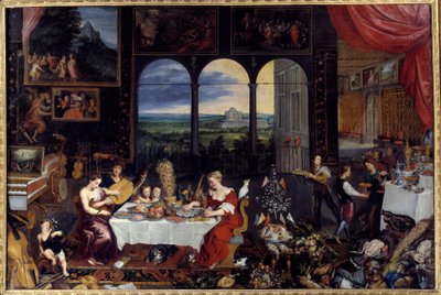 O gosto, a audição e o toque. A alegoria dos cinco sentidos A refeição de uma família rica: aves e frutos do mar (incluindo ostras) compõem o menu do banquete. Pintura de Jan I Brueghel Dit De Velours (1568-1625) Ec. Flam de Jan the Elder Brueghel