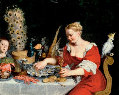 Mulher comendo ostras, detalhe da Alegoria dos Quatro Elementos de Jan the Elder Brueghel