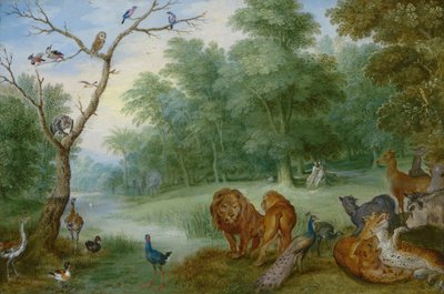 Paraíso com a Queda do Homem, c.1630 (óleo sobre cobre no painel) de Jan Brueghel the Younger