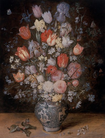Natureza morta de flores numa banheira de madeira de Jan the Younger Brueghel
