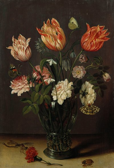 Tulipas com outras flores em um copo sobre uma mesa de Jan Brueghel the Younger