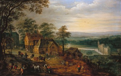 Village Street com figuras e carrinhos, um castelo no fundo de Jan Brueghel the Younger