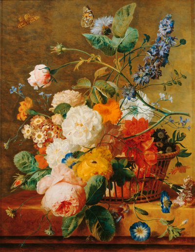 Cesto de flores com pedestal sobre fundo de parque - Um cesto ... de Jan van (follower of) Huysum