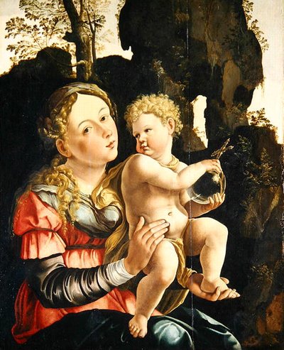 Madonna and Child (óleo sobre painel) de Jan van (studio of) Scorel