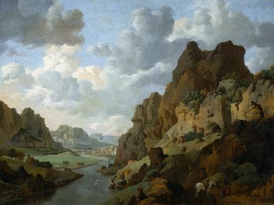 Países Baixos: Paisagem de montanha com viajantes em repouso Paisagem rochosa. de Jan van Aken