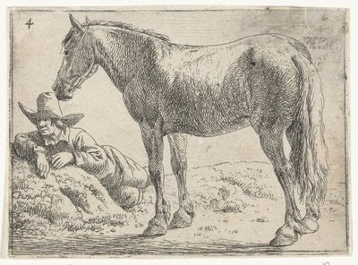 Cavalo em pé com cavaleiro em repouso Paisagens com cavalos (título da série) de Jan van Aken
