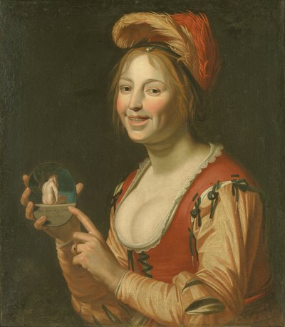 Garota rindo mostrando uma pequena foto de uma mulher nua vista por trás de Jan van Bijlert