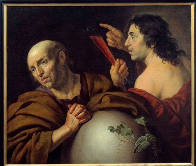 Heraclite e Demócrito Os filósofos gregos Heraclite de Éfeso (Heraclito) (535-475 AC) e Demócrito (Demócrito) (460-370 AC). Pintura de Jan van Bijlert (1597-1671) Século XVII Utrecht. Museu Central de Jan van Bijlert or Bylert