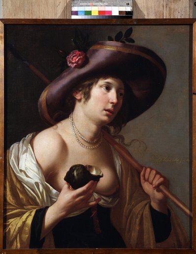 "Retrato de Granida" A personagem de Granida com uma concha que utiliza para beber a água que lhe foi dada pelo pastor Daifilo. Baseado na pintura "Granida" de Pieter Corneliszoon Hooft. Pintura de Jan van Bylert (1598-1671) Museu de Colecções de Jan van Bijlert or Bylert