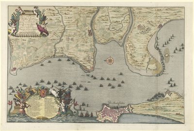 Mapa do desembarque e expedição dos Aliados em Cádis, 1702
Placa do Dissante ou Landing em Espanhol ao largo de Cadixen com os Campings e Marselha pelo Duque de Ormont e o Major-General e Barão de Spar fez Ceedert den 26 de Agosto a de Jan van Call (I)