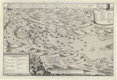 Batalha naval na Baía de Vigo e a captura da frota prateada espanhola, 1702
Mapa dos desembarques na baía de Vigos e a captura de dois castelos e a captura da frota de prata espanhola ancorada na baía em frente ao Redondella den de Jan van Call (I)