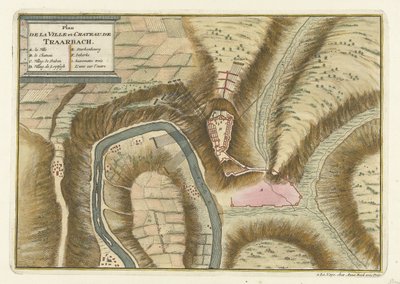 Mapa da aldeia e do castelo de Trarbach, 1704
Plan de la Ville et: Chateau: de Traarbach (título sobre o objecto) de Jan van Call (II) (attributed to)
