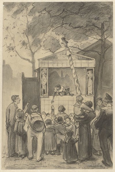 Espectadores em frente de um espectáculo de marionetas de Jan van Essen (possibly)