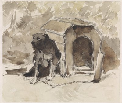 Cão, com trela, sentado em frente à sua caneta de Jan van Essen