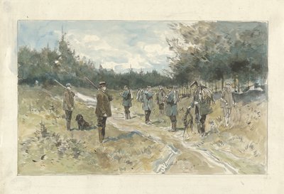 Paisagem com grupo de caçadores após a caça no Leusderhei de Jan van Essen