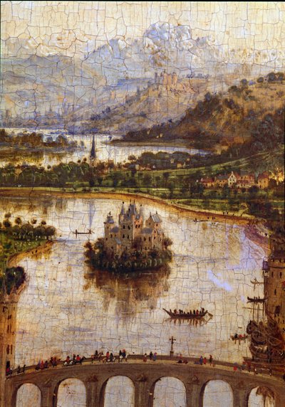 Paisagem" Detalhe de "The Virgin of Chancellor Rolin" Nicolas Rolin (1376-1461) foi Chanceler de Borgonha sob o comando de Philippe Le Bon e fundador dos Hospices de Beaune em 1443. Pintura de Jan van Eyck (1390-1441) de Jan van Eyck