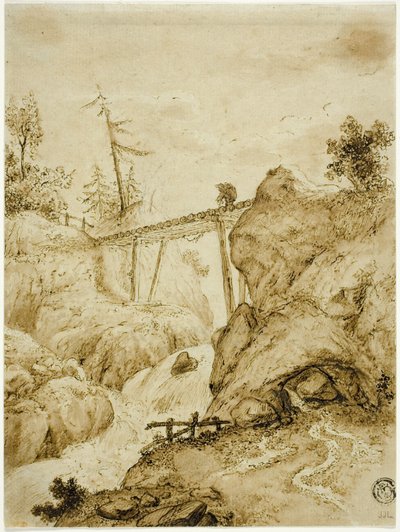 Homem atravessando a ponte de madeira sobre Torrent de Jan van Eyck