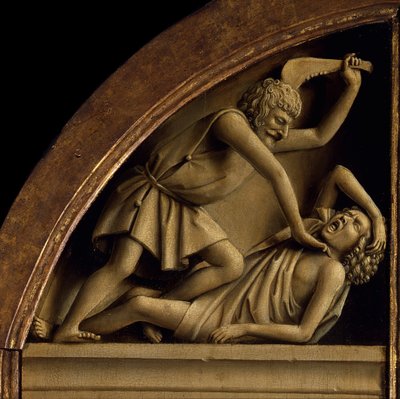 O Retábulo de Gante. Adoração do Cordeiro Místico: Caim mata Abel, 1432. de Jan van Eyck