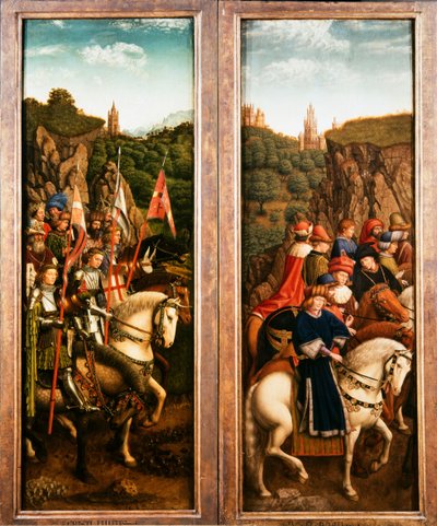 O Retábulo de Gante. Adoração do Cordeiro Místico: Just Judges and the Knights of Christ, 1432. de Jan van Eyck