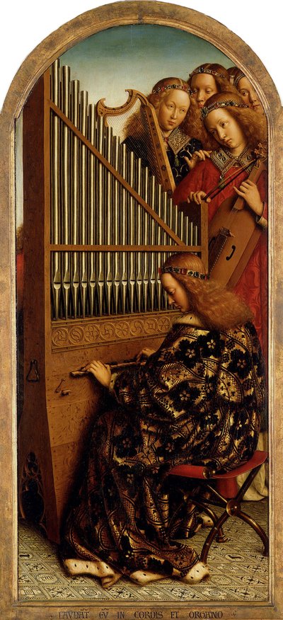 O Retábulo de Gante. Adoração do Cordeiro Místico: Anjos que Fazem Música, 1432. de Jan van Eyck