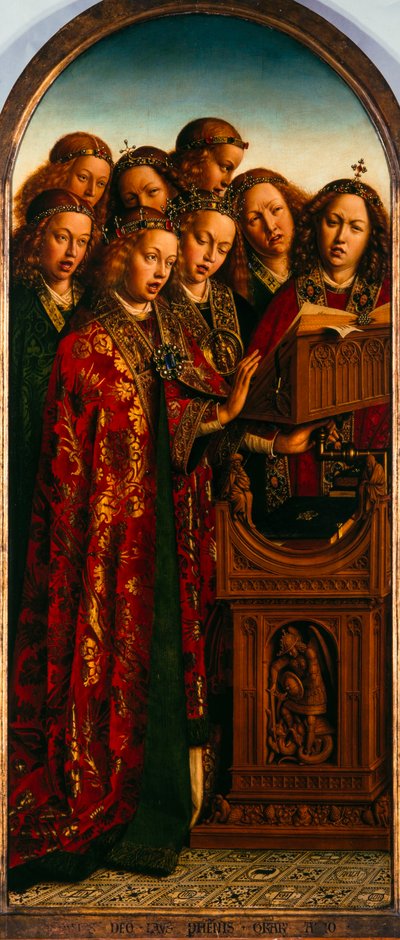 O Retábulo de Gante. Adoração do Cordeiro Místico: anjos cantando, 1432. de Jan van Eyck