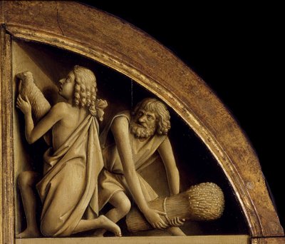 O Retábulo de Gante. Adoração do Cordeiro Místico: O sacrifício de Caim e Abel, 1432. de Jan van Eyck