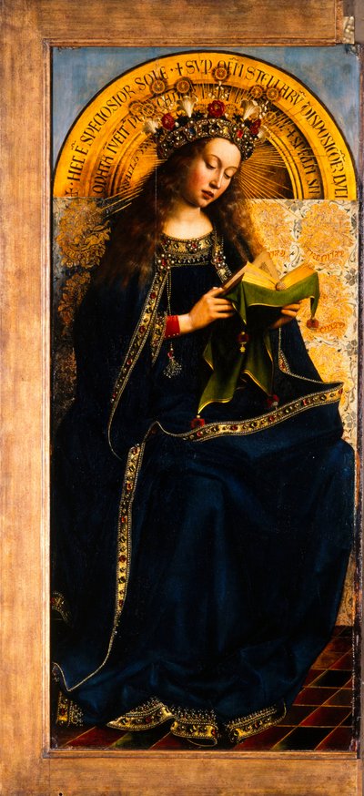 O Retábulo de Gante. Adoração do Cordeiro Místico: Virgem Maria Entronizada, 1432. de Jan van Eyck