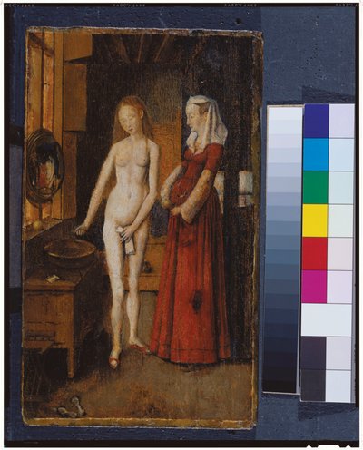 Mulher em seu banheiro (óleo no painel de carvalho) de Jan van Eyck