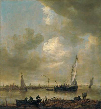Um estuário de rio com "Smalschips", pescadores e gado a dar de beber de Jan van Goyen