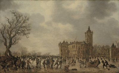 Uma paisagem de inverno com figuras a desportar no gelo junto ao Castelo de Montfoort de Jan van Goyen
